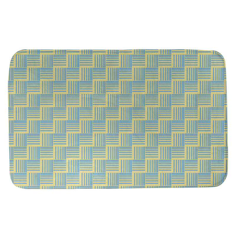 Tapis de bain géométrique antidérapant rectangulaire à rayures baskettressées, l 17 po x L 24 po, Jaune / bleu sarcelle