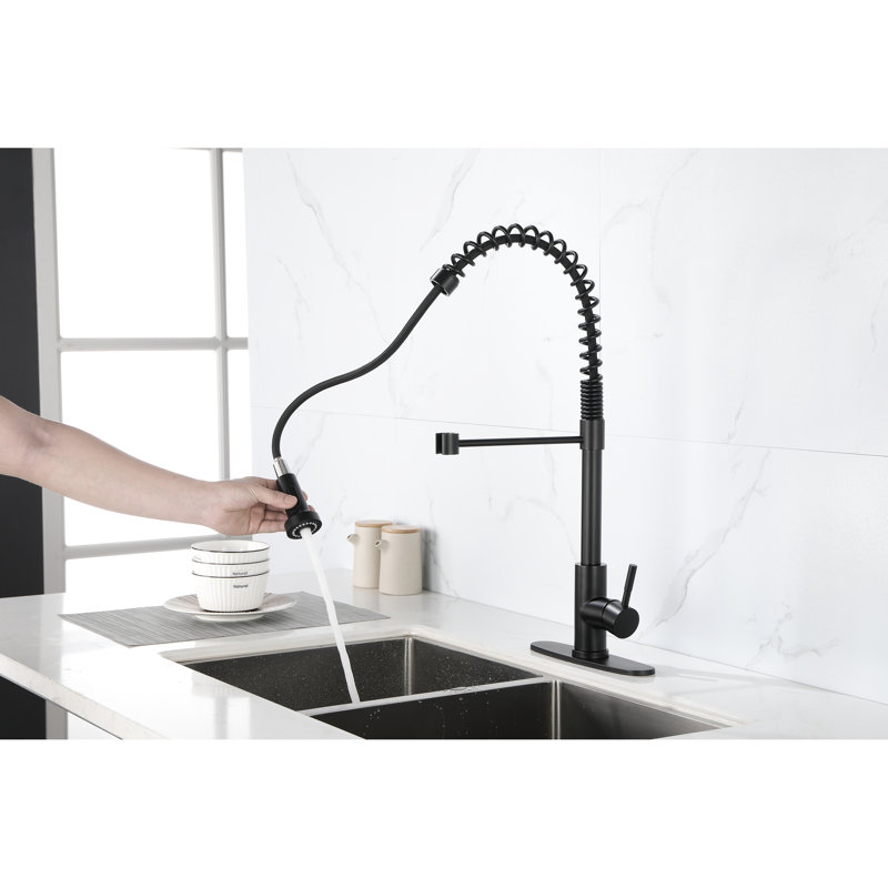 Matte Black Kitchen Sink Faucet With Pull-Out Spray - Stainless Steel, 360 Swivel, , Single Handle Spring Black, Spray, Corrosion Surface Treatment