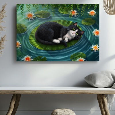 Reproduction d'art sur toile, "Un charmant chat noir et blanc avec des yeux verts saisissants"