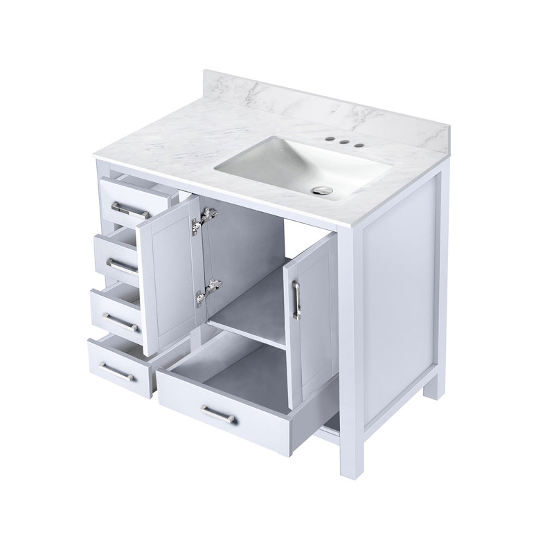 36 po Large meuble-lavabo blanc pour salle de bain avec comptoir en marbre, excentré à droite, structure en bois massif, conception à fermeture douce et bonnes options de rangement.