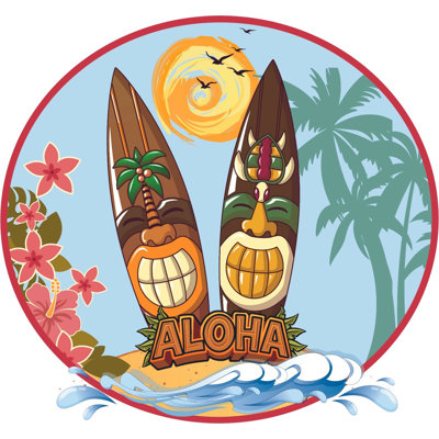 Aloha Tiki Surfboards Beach Background Design Wall Decal - 18" x 20" Vinyl Home Bedroom Living Room Large Polynesian Art Carvings Totem Pole Hawaii Culture Design Adhesive Decoration Sticker