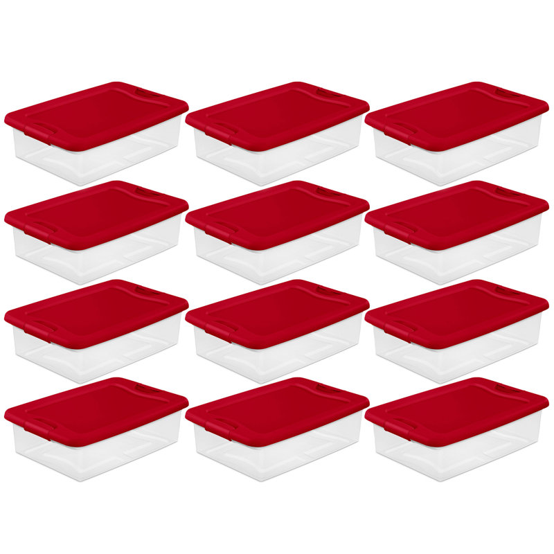 Sterilite 32 Qt Under Bed Latching Storage Container W/ Hinge Lid, Red (12 Pack)