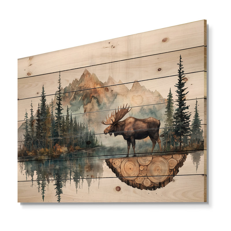 Orignal canadien dans un lac, paysage I - Décoration murale en bois d'orignal - sur bois de pin naturel