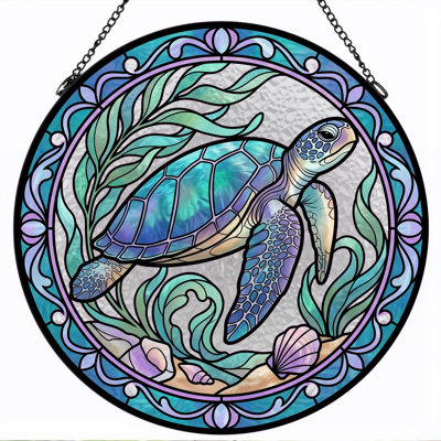 Sea Turtle Stained Glass Window Panel，12"H