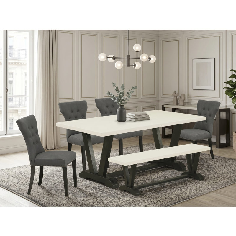 L'ensemble de salle à manger 6 pièces se compose d'une table de cuisine en lin blanc cassé, d'un banc de salle à manger et de 4 chaises de salle à manger en tissu de lin gris foncé Gotham avec dossier capitonné - finition noire brossée