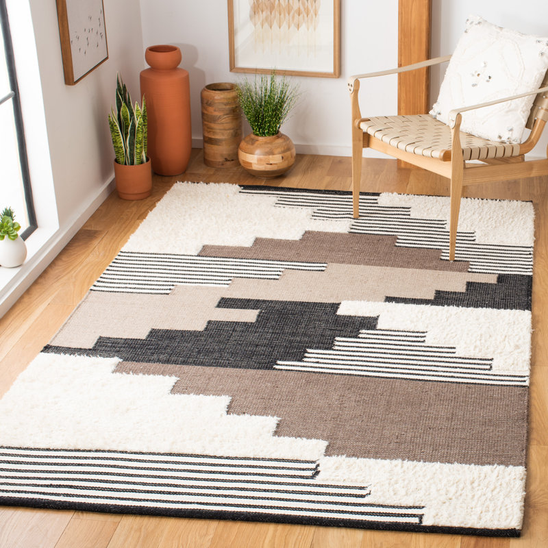 Tapis noir / ivoire en laine tissé à la main Ingelene, Rectangle 9 pi x 12 pi