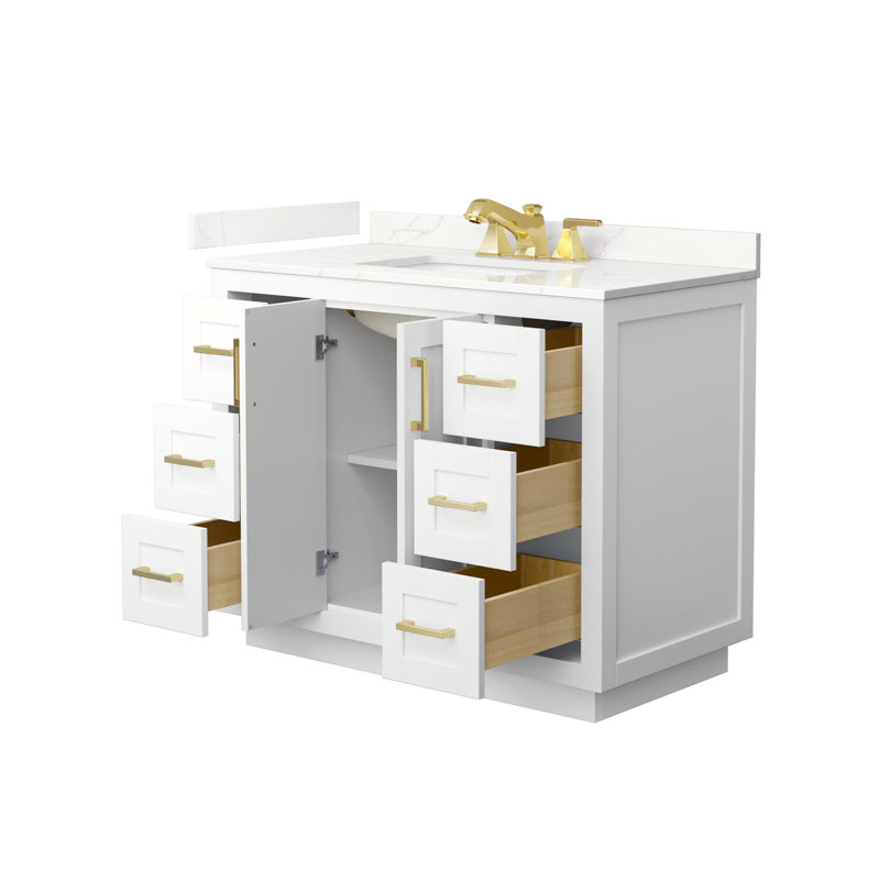 Meuble-lavabo simple autoportant 42 po avec plateau en quartz Miranda, Quartz Giotto, Blanc, Or brossé