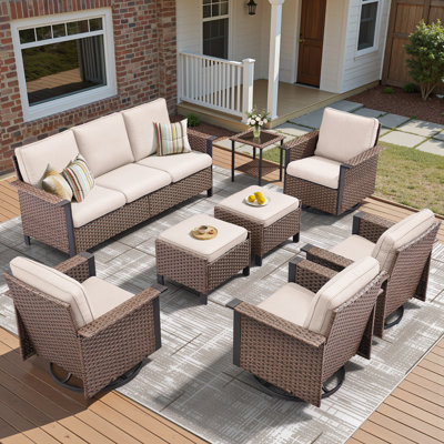 Coady 7-9 Person Outdoor Courtyard Wicker Family Conversation Set Group With 4 Swivel Chairs