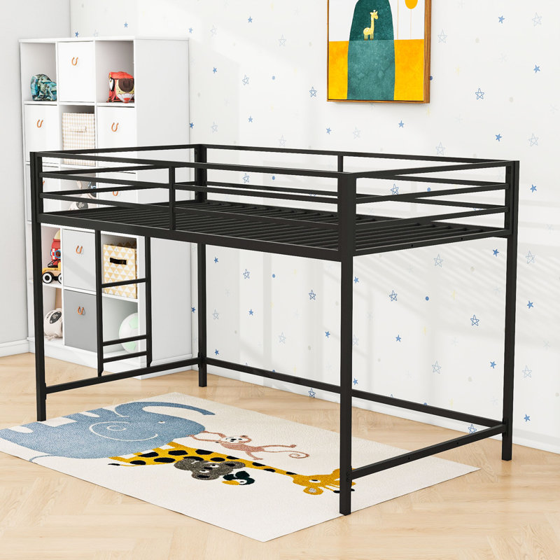 Annazette Twin Size Metal Loft Bed Frame With Ladder And Guardrails