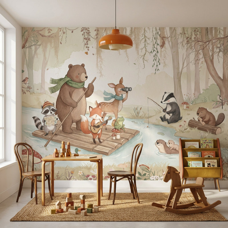Papier peint fantaisiste, rivière, animaux, rivière, Peler et coller, 200"x120"