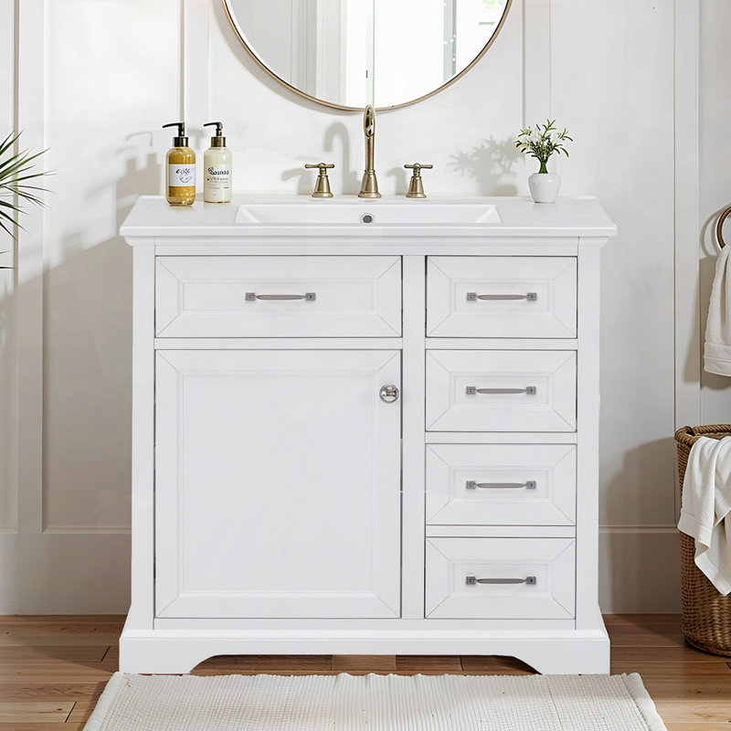 Meuble-lavabo sous-comptoir en céramique avec tiroir, Blanc