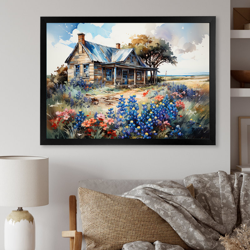«Blue Bonnets Farm Charm» sur toile, Cadre simple noir, H 24 po x l 32 po x P 1 po