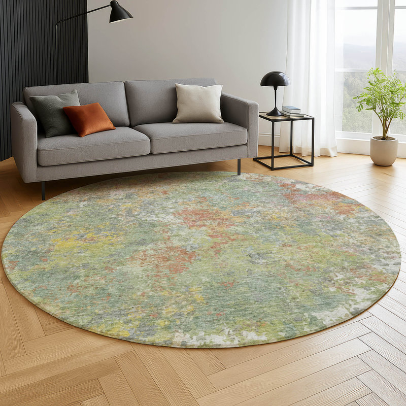 Premium Machine Washable Mayfield abstract Rug, Green, 8' Round