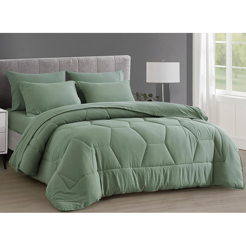 Washed Microfiber 7-Pieces Honeycomb Comforter Set with Sheets, Oversized King Comforter + 6 Additional Pieces, Sage