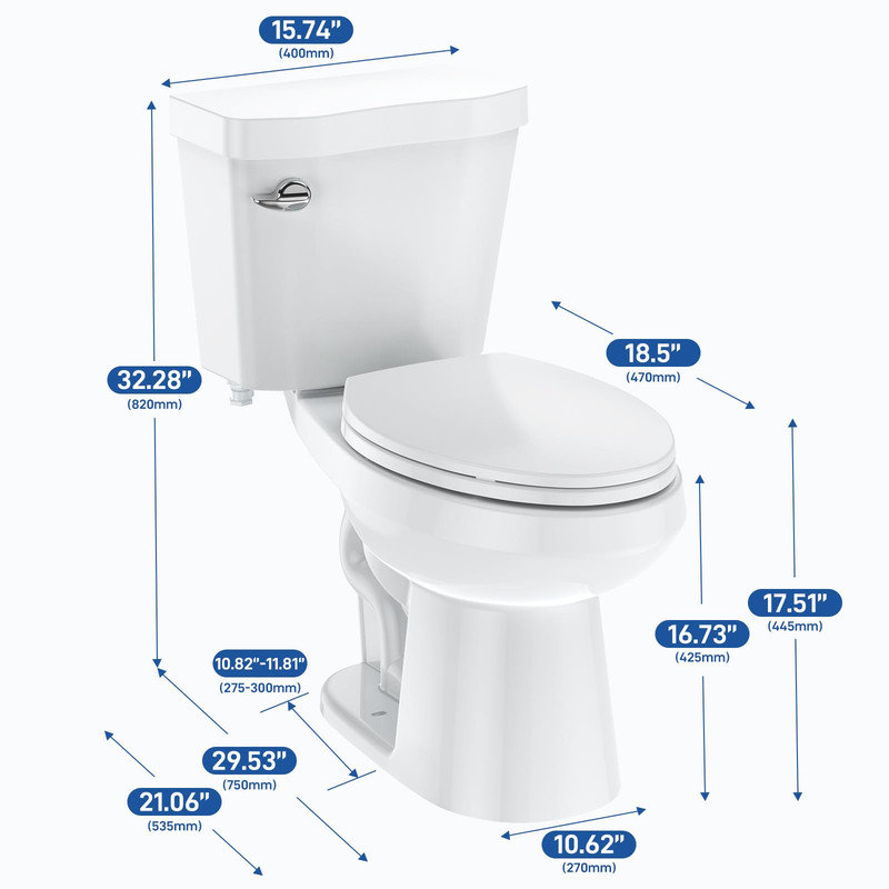 17" Two-Piece Toilet – Power Flush, Water-Saving Tank, Side Handle