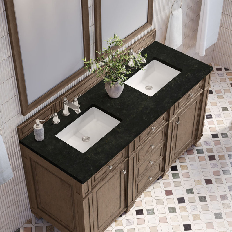 Bristol 60'' W Double Vanity, Whitewashed Walnut, 8" Widespread, Phantome Eclos