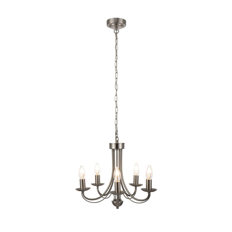 Elmore 5 Light Traditional, Classic Metal Pendant Light - Brushed Nickel, Clear PVC power cord, 46.5x46.5x102cm, 5xE14. Max. 10W LED (Bulb not included)
