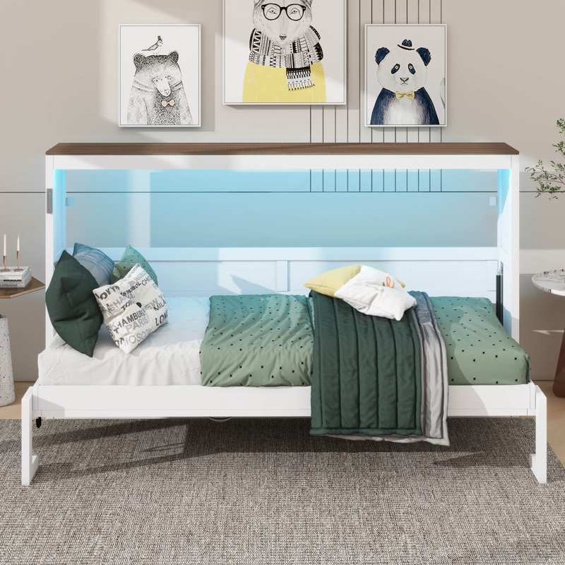 Lit escamotable simple avec éclairage à DEL, transformable en armoire, Blanc
