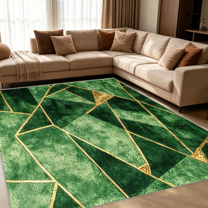 Green Gold Geometric carpet-easy to clean, machine-washable, soft and comfortable; suitable for door mats, kitchens, living rooms, bedrooms, corridors, and laundry areas. Easy to clean, durable carpet for home decoration.