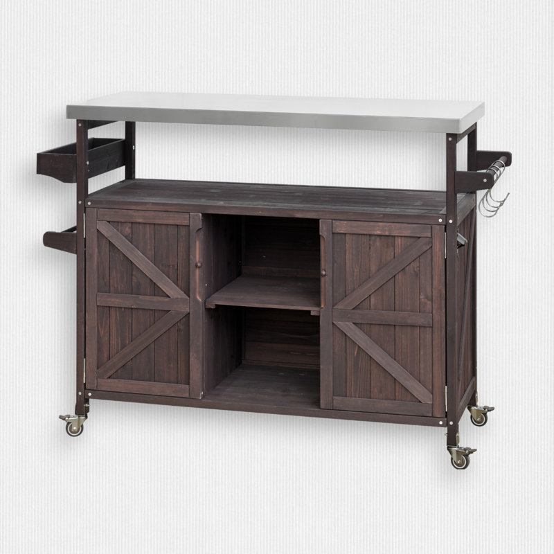 50.2" W Solid Wood Kitchen Island with Stainless Top, Dark Brown