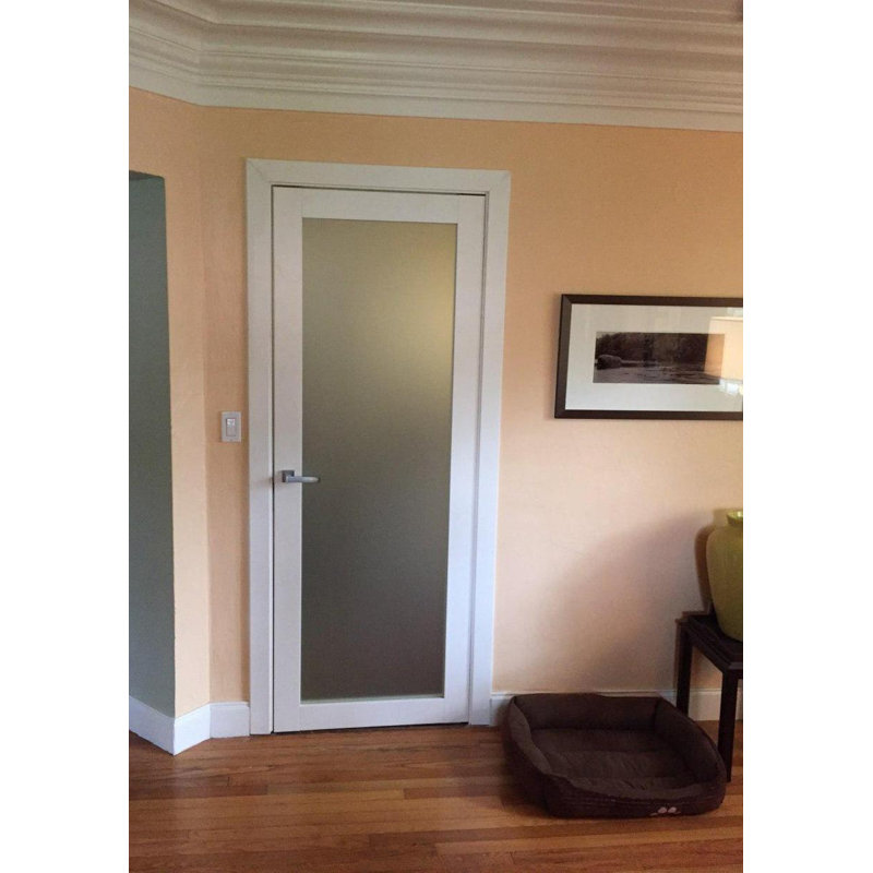 Porte solide en verre givré massif français pré-suspendu Planum 2102 avec cadre à panneau simple et poignée pour portes de salle de bain robustes