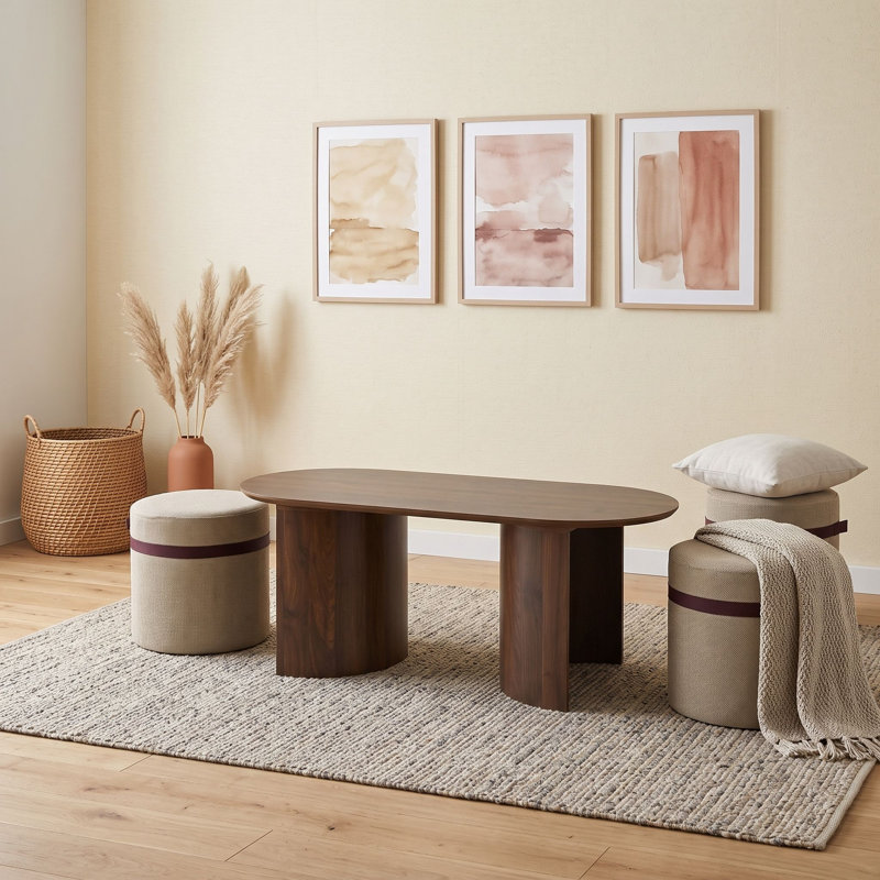 Ensemble de tables basses vintage en bois avec 2 repose-pieds en tissu