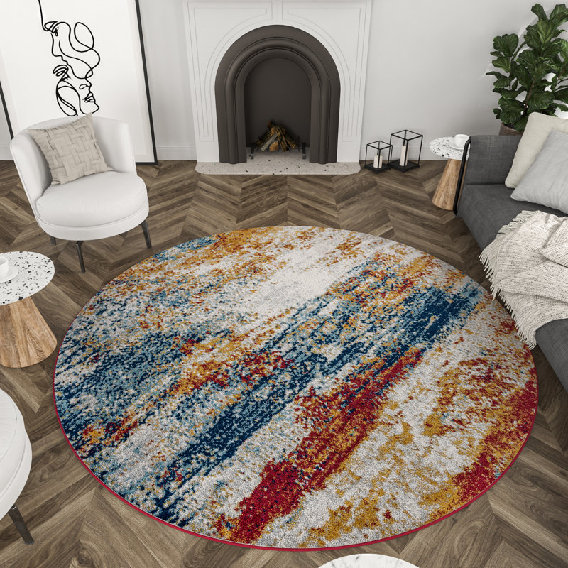 Tapis d'intérieur abstrait rouge / bleu / doré, Rond 7 pi 10 po