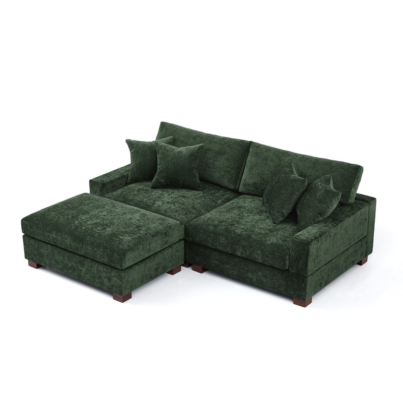 3 - Piece Upholstered Green Chenille Modular Sectional Sofa with Throw Pillows & Removable Ottomans, Green Chenille