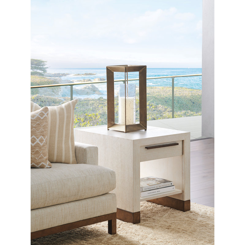 Modern Carmel Cream White Oak End Table with Brass Accents