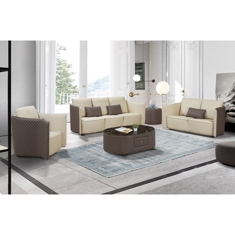 3 Pieces Makassar Sofa Set Lite Grey & Taupe Italian Leather, Lite Gray/Taupe Genuine Leather