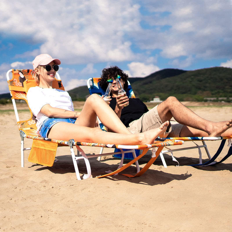 Beach Lounge Chair, Backpack Reclining Beach Chairs Lay Flat, Sun Face Down Tanning Chair, Orange Wave 2pack