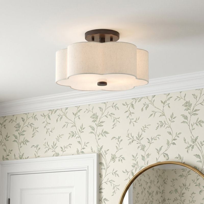 Copper Linen Blend Semi Flush Mount, English Bronze, 8.5" H x 18" W x 18" D