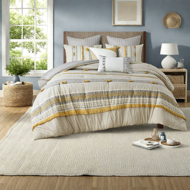 Smart Cotton Bedding Sets Grey Yellow Stripes For Modern Bedroom