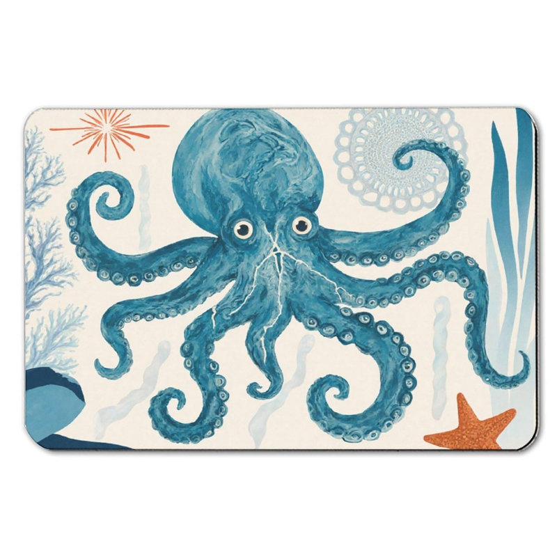 Caricature de style pieuvre, tapis de bain, 16 po x 24 po, Bleu / Beige, Animal marin