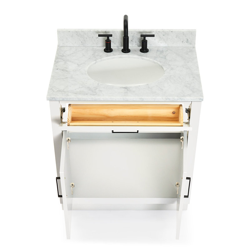 Jameal 30' Solid Wood Single Bathroom Vanity with 0.75' Carrara Marble Top, Blanc, Ovale
