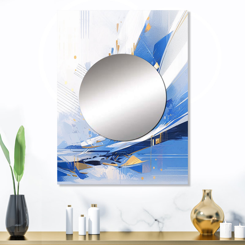Bleu blanc cubiste kaléidoscope II - grand miroir mural cubique, miroir décoratif bleu, impression d'art en métal