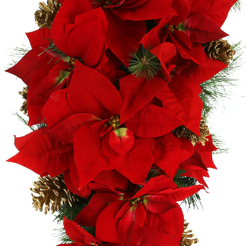 Holiday Swag With Poinsettias, Ornaments And Pinecones