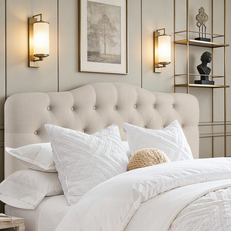 Linen Upholstered Headboard-Modern-Adjustable Height-Button Tufting, King, Beige