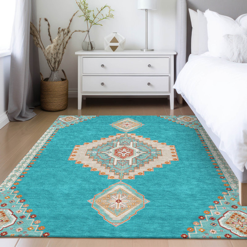 Teal Medallion Washable Synthetic Rectangular Rug 2'6" x 3'10"
