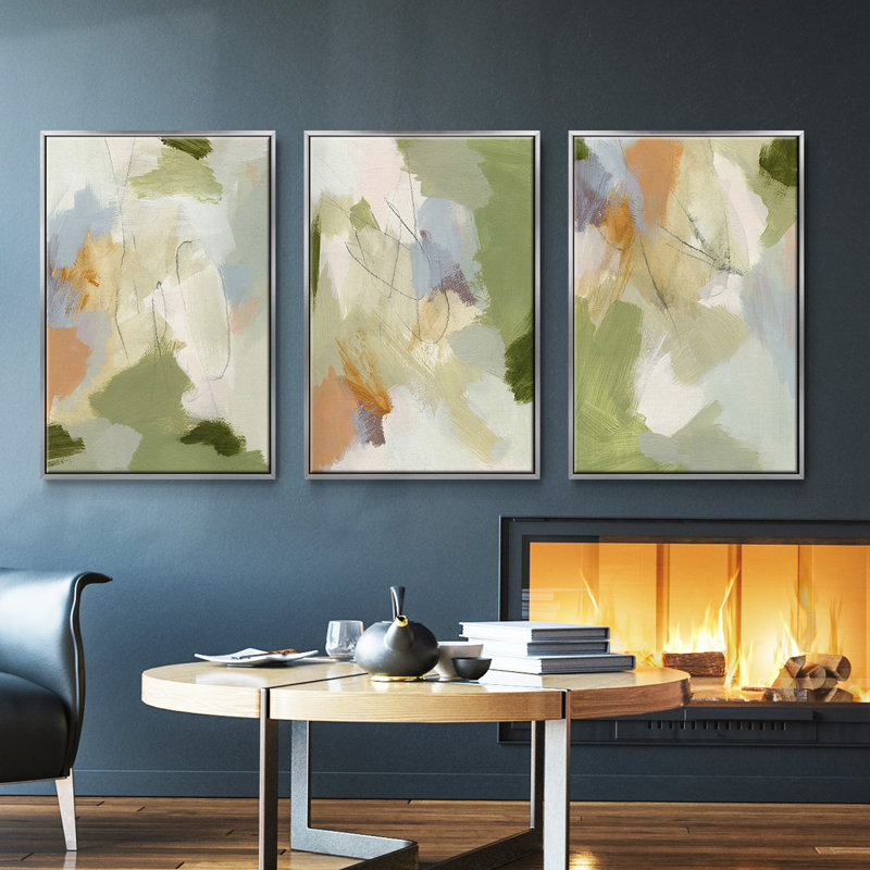 Verdure I, ensemble de 3 toiles encadrées sur toile, H 36 po x l 72 po, Argent