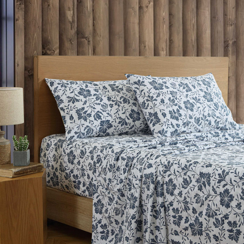 Shasta Lake Cotton Percale Standard Sheet Set, Full Sheet Set with 2 Pillowcases, Woodblock Floral Blue
