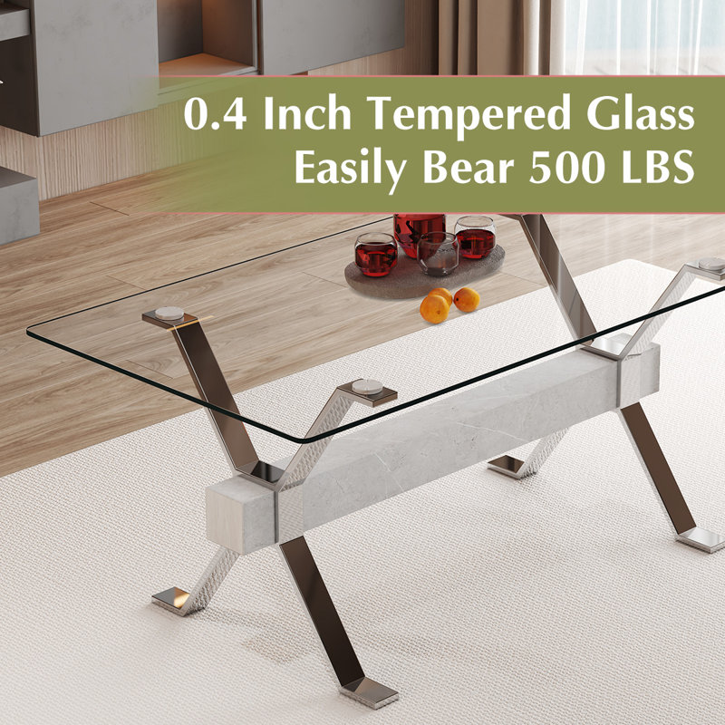 7-Piece Glass Top Dining Table Sets, Silver, White/Silver
