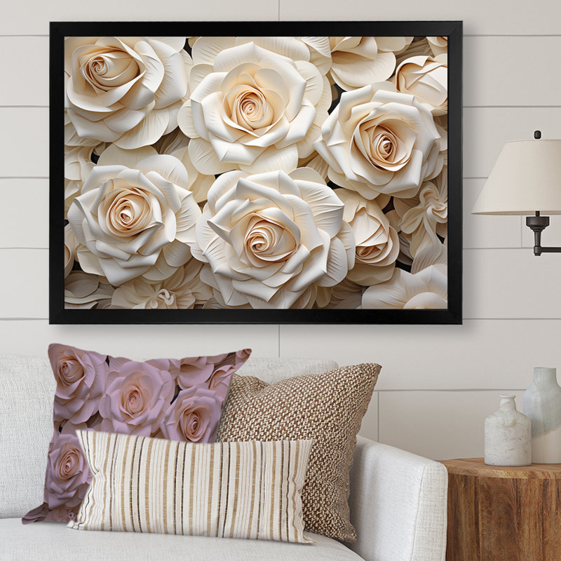 Minimalisme beige roses passion III sur toile, Cadre simple noir, H 12 po x l 20 po x P 1 po
