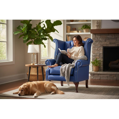 Upholstered Full Grain Leather Wingback Chair