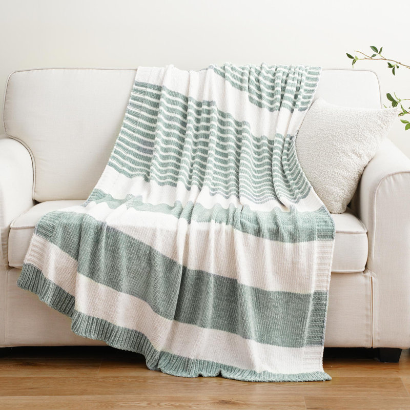 Sage Green and White Chenille Knit Throw Blanket, 67" x 51"