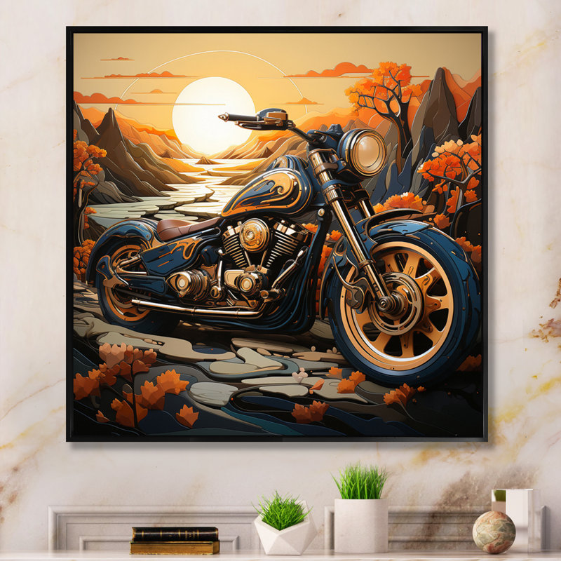 Motif d'orange et de moto orange - imprimé, Cadre flottant noir, H 36 po x l 36 po x P 1,5 po