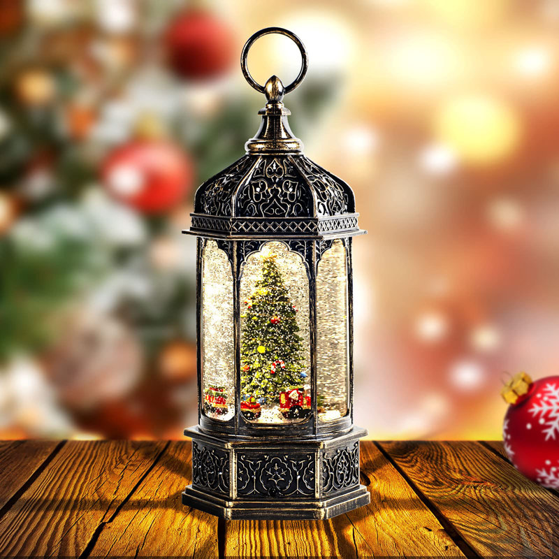 Lanterne cylindrique en forme de boule à neige en forme d'arbre de Noël en bronze - 8 morceaux, minuterie 6H, lumière clignotante | Décoration musicale boule de neige