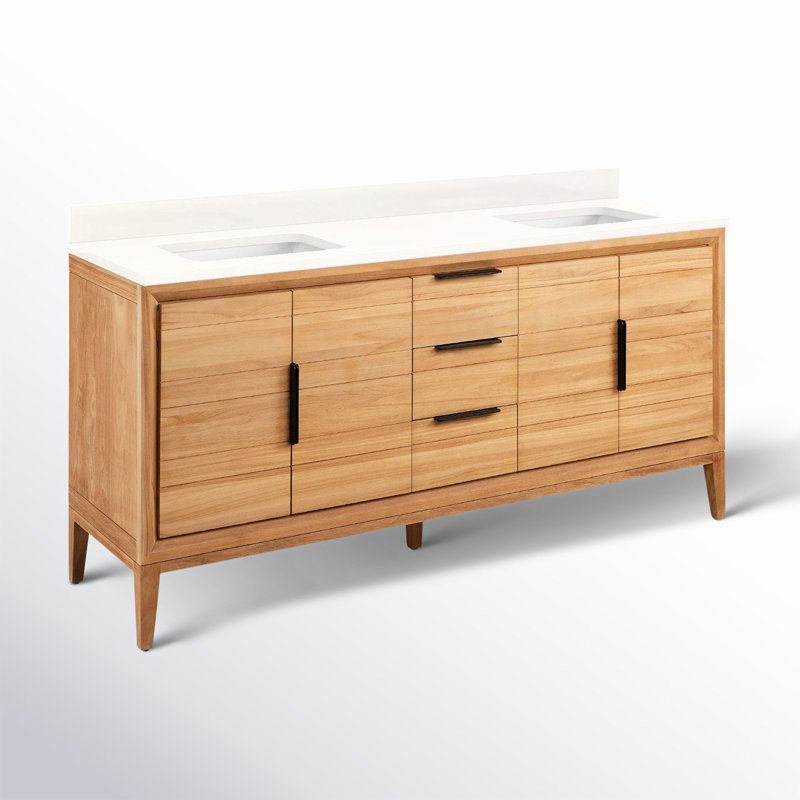 Aliso 72" Double Bathroom Vanity, No Faucet Hole, Arctic White Quartz, Natural Teak