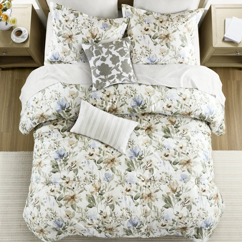Édredon très grand 6 pièces en coton avec motif floral inspiré de la nature, 100% pour une expérience luxueuse et respirante, bourre en polyester 300 g / m², coussins décoratifs, broderie au point de chaînette, qualité