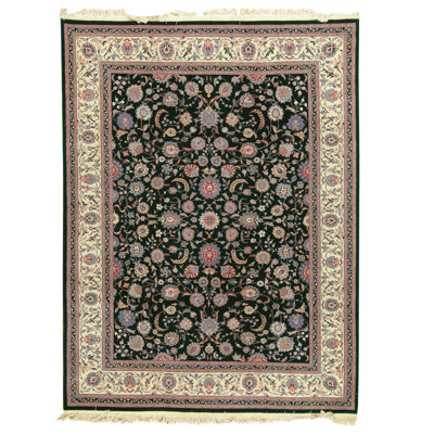 Hand Knotted Wool Oriental Area Rug in Dark Green And Cream